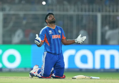 Indian opener Sanju Samson after hitting the winning runs against West Indies in the last Super Eight game of the T20 World Cup 2026 in Kolkata.
