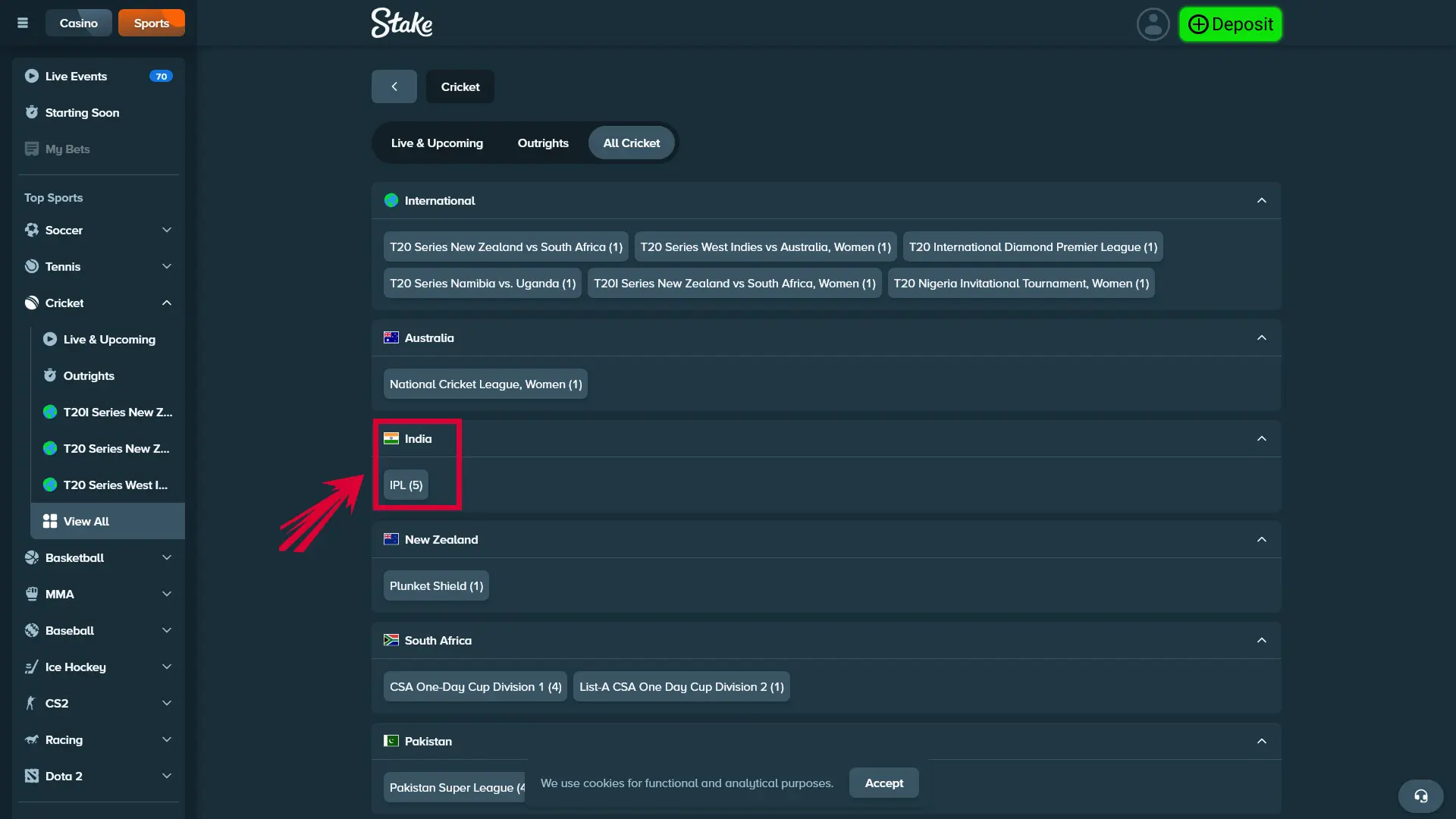 Open the Sportsbook section and select Cricket from the sports menu.