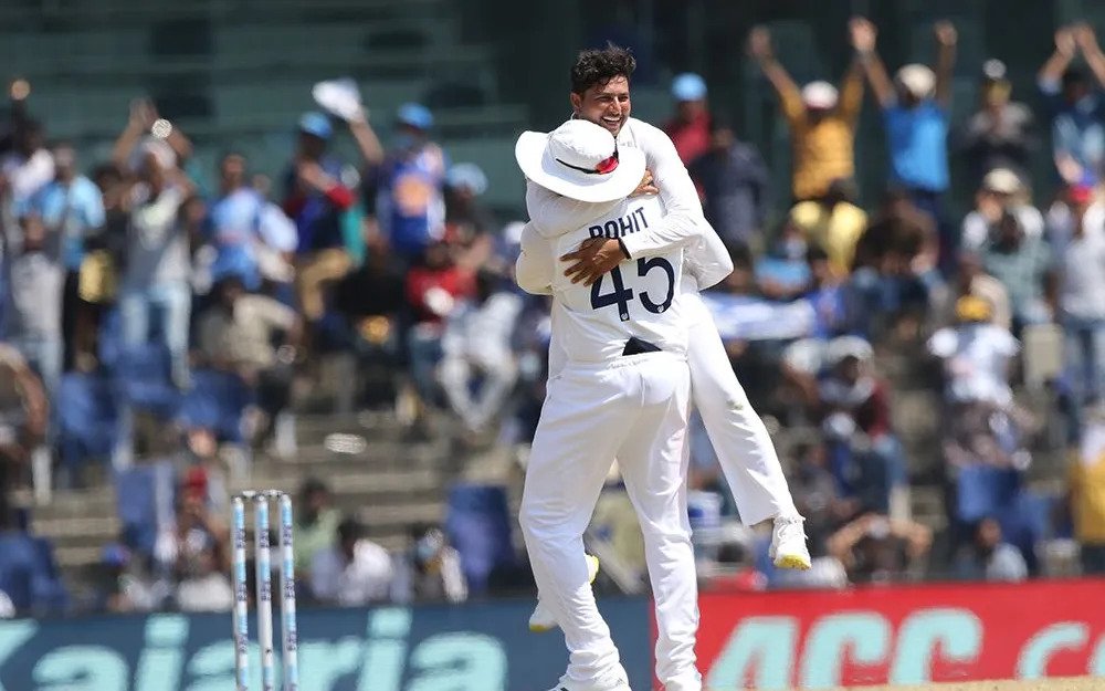 Kuldeep Yadav celebrating his first wicket in the 2nd Test against England
