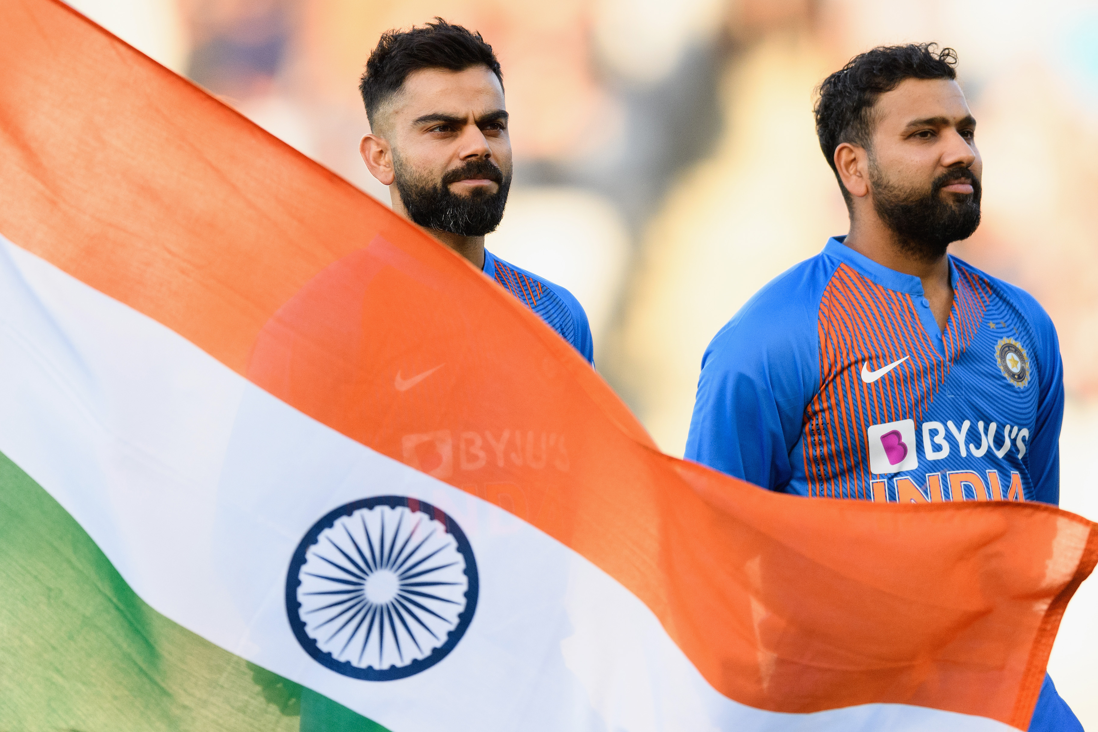 Virat Kohli and Rohit Sharma lining up for national anthem during 2019 World Cup.