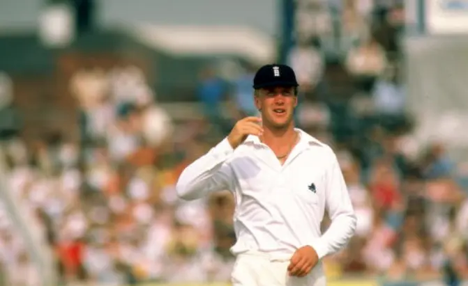 Chris Broad was out for 99 runs against Pakistan.