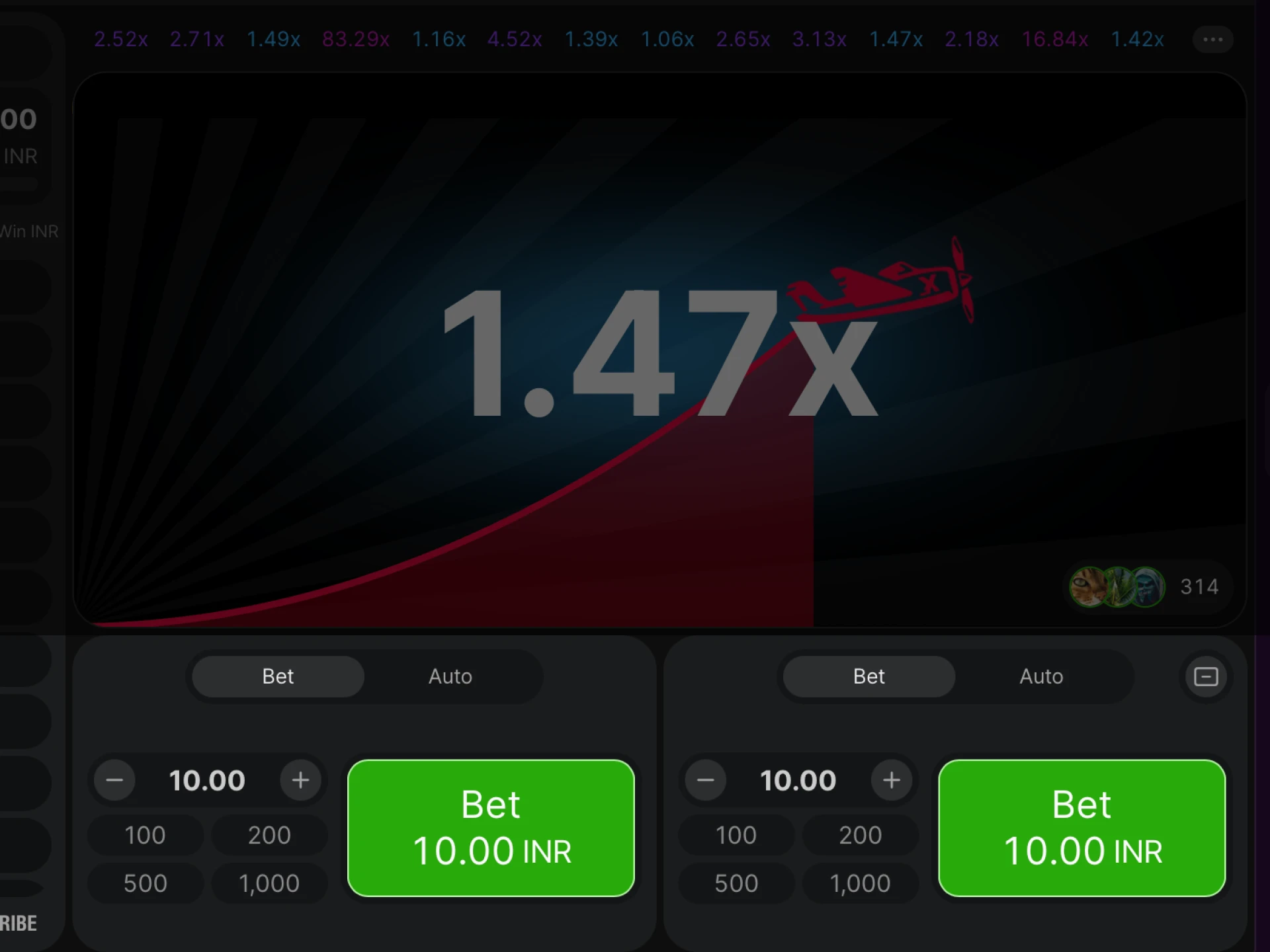 Choose your bet amount and play Aviator using single or double bet panels.