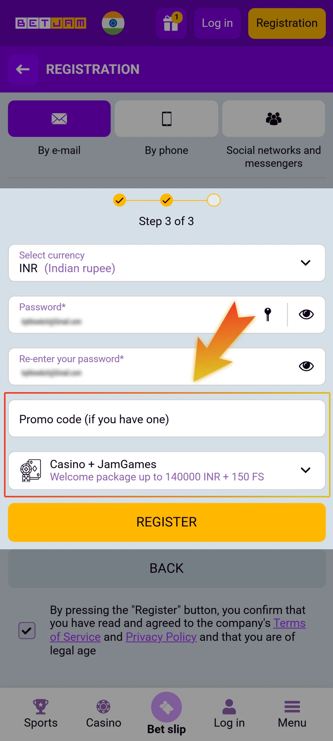 During registration, clients should check the form carefully to find the Promo code section on Betjam.