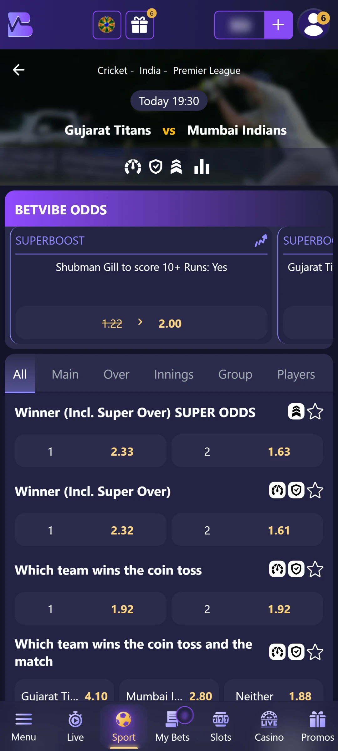 Select a Game or Match for Betting.