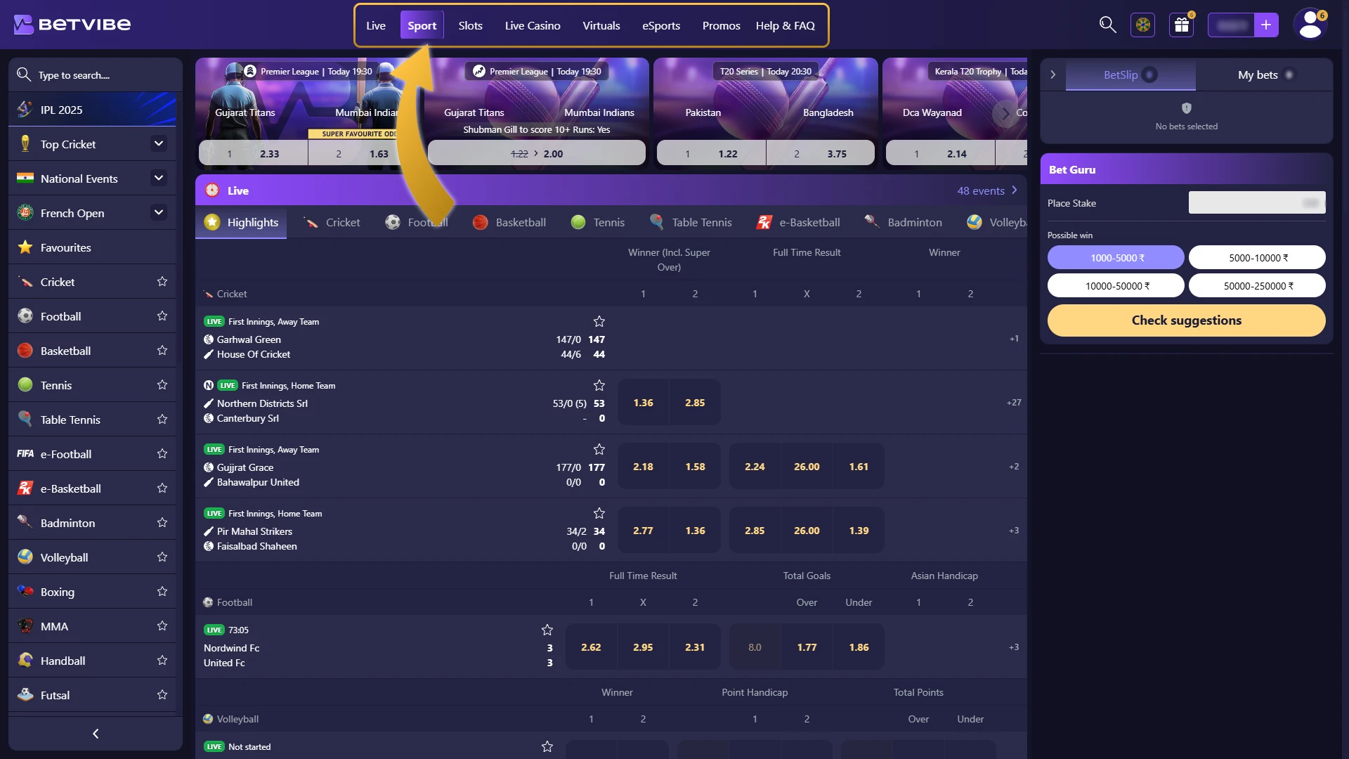 Navigate to Your Preferred Betting Section.