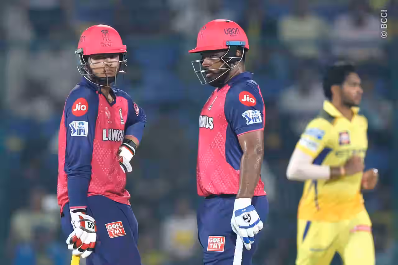 Sanju Samson and Vaibhav Suryavanshi during the CSK vs RR game in IPL 2025 in Delhi.