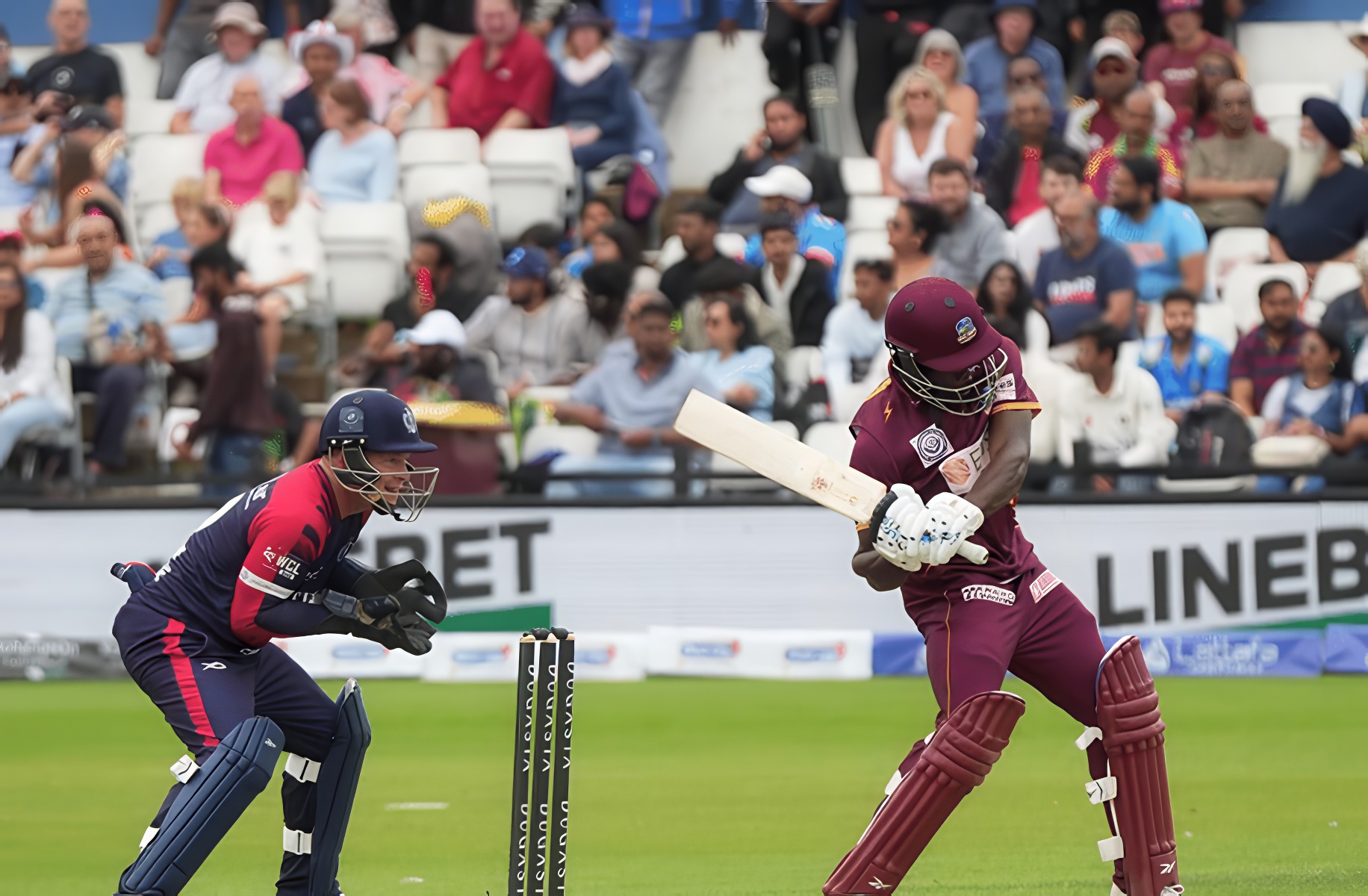 West Indies Champions' Chadwick Walton in action against England Champions during WCL 2025 game 