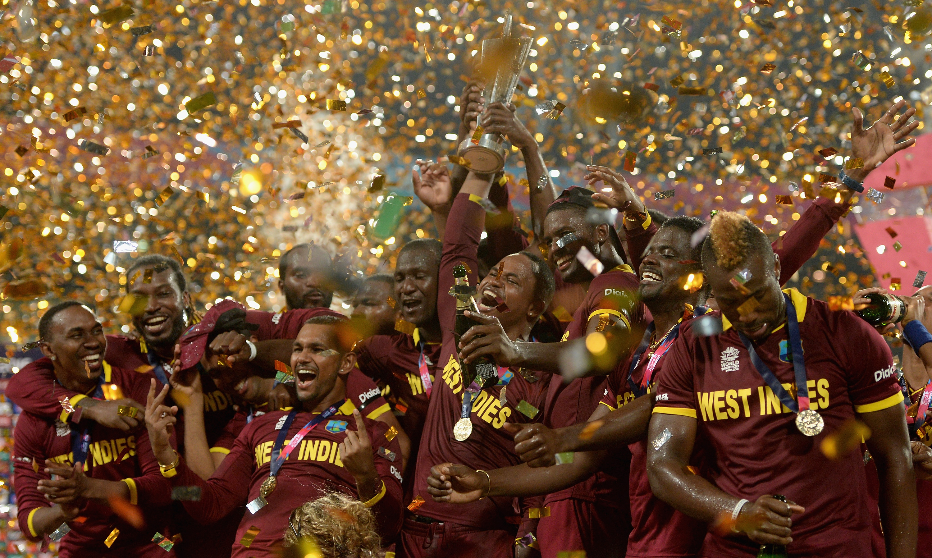 The West Indies lift the ICC World T20 trophy after winning the ICC World Twenty20 India 2016 Final between England and the West Indies at Eden Gardens on April 3, 2016 in Kolkata, India.