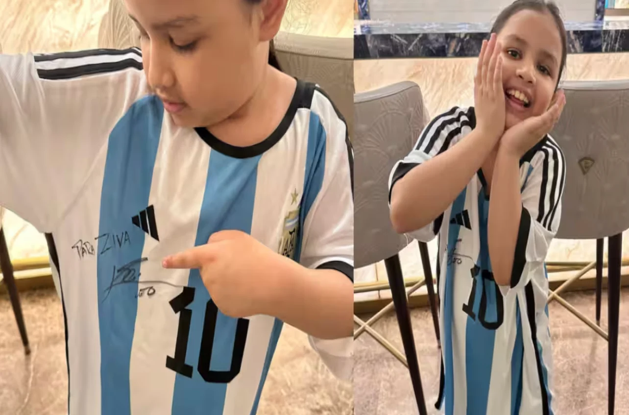 MS Dhonis Daughter Ziva Receives Lionel Messis Signed Jersey