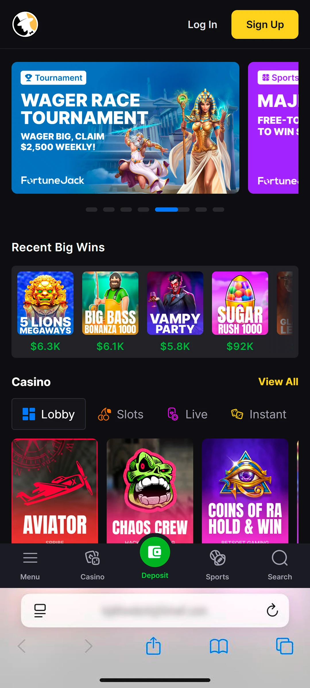 Open the Fortune Jack site on a mobile browser.