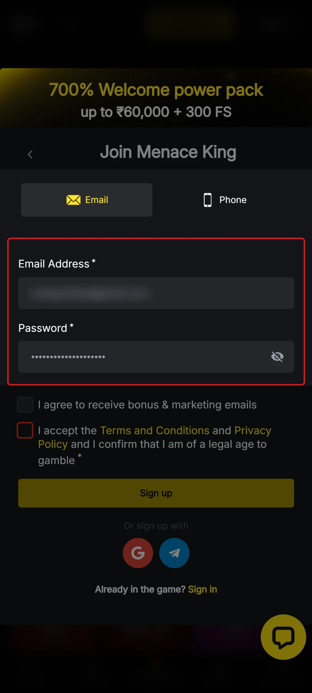 Enter your details in the registration fields.