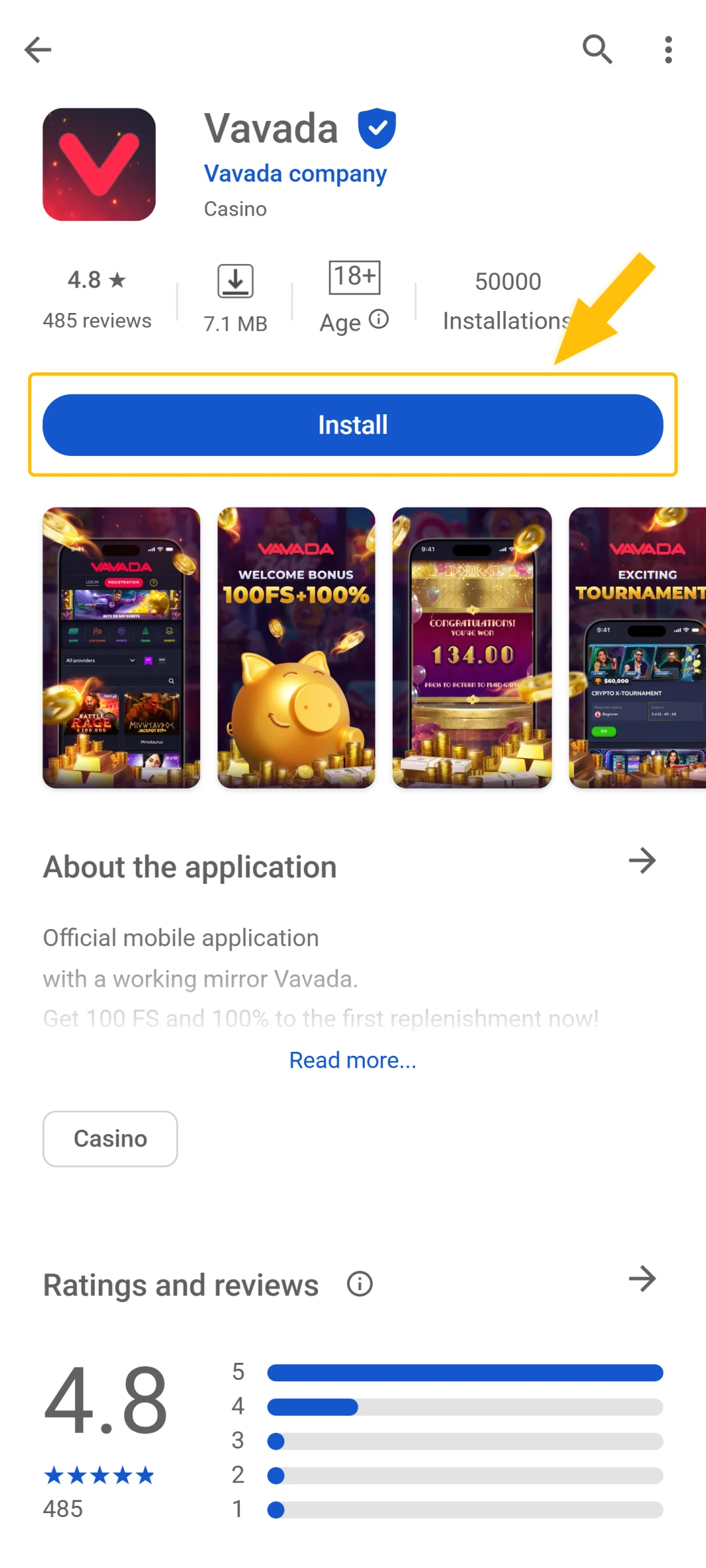 After the download finishes, tap to start the process Installing Vavada casino app.