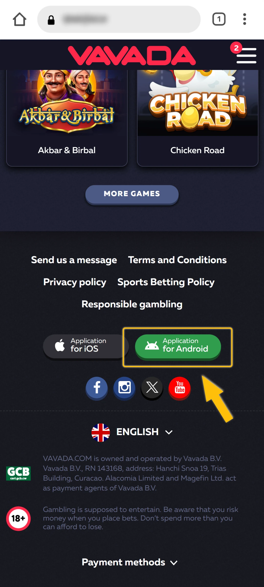Click on the Android icon on the Vavada casino.