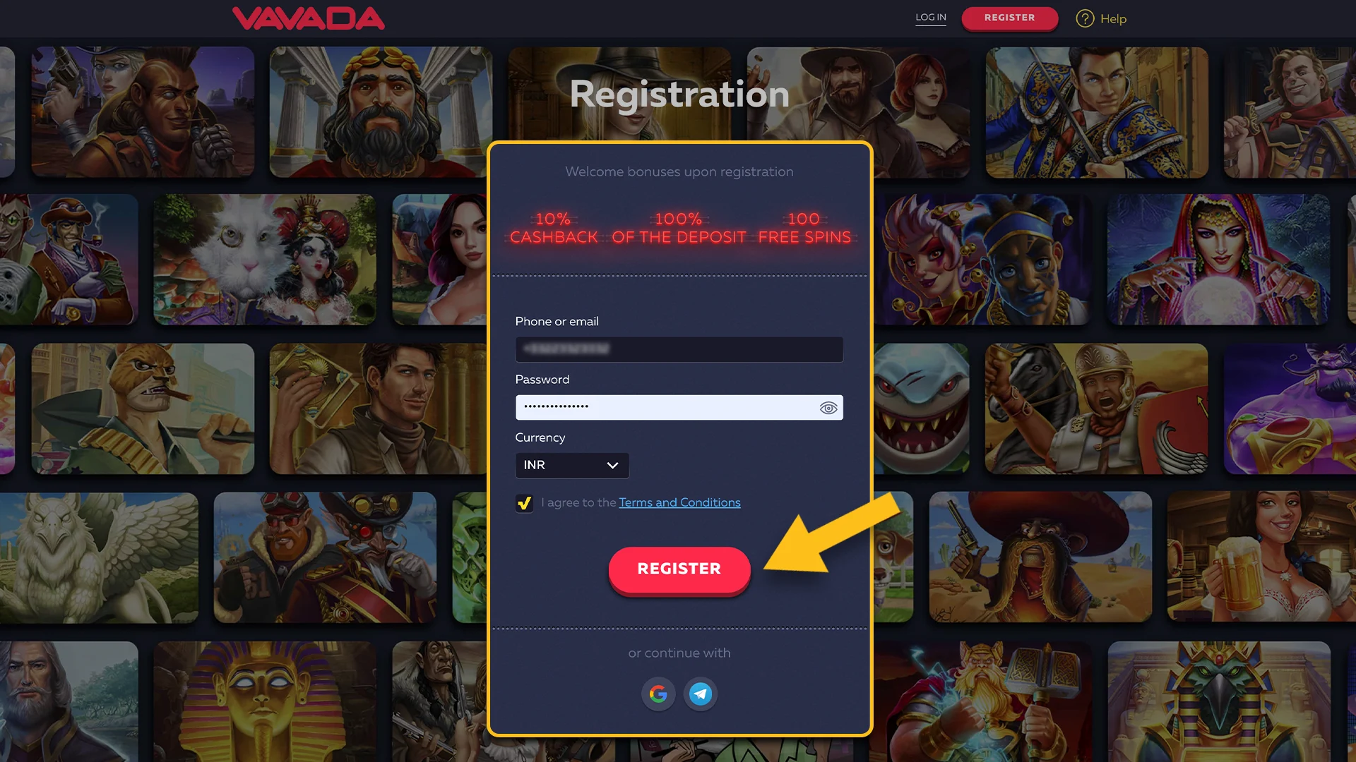 Open the Vavada registration window.