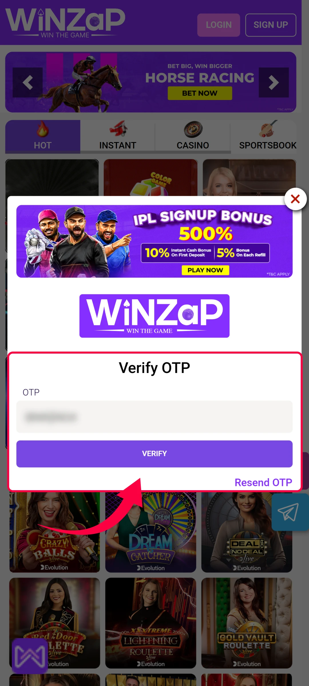 Enter the OTP sent by SMS to the mobile number.